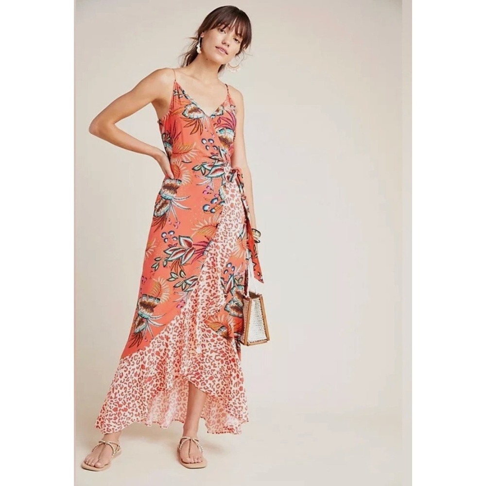 Farm Rio Anthropologie Tropical Ruffle Wrap Maxi Dress L Boho Retro Floral Print